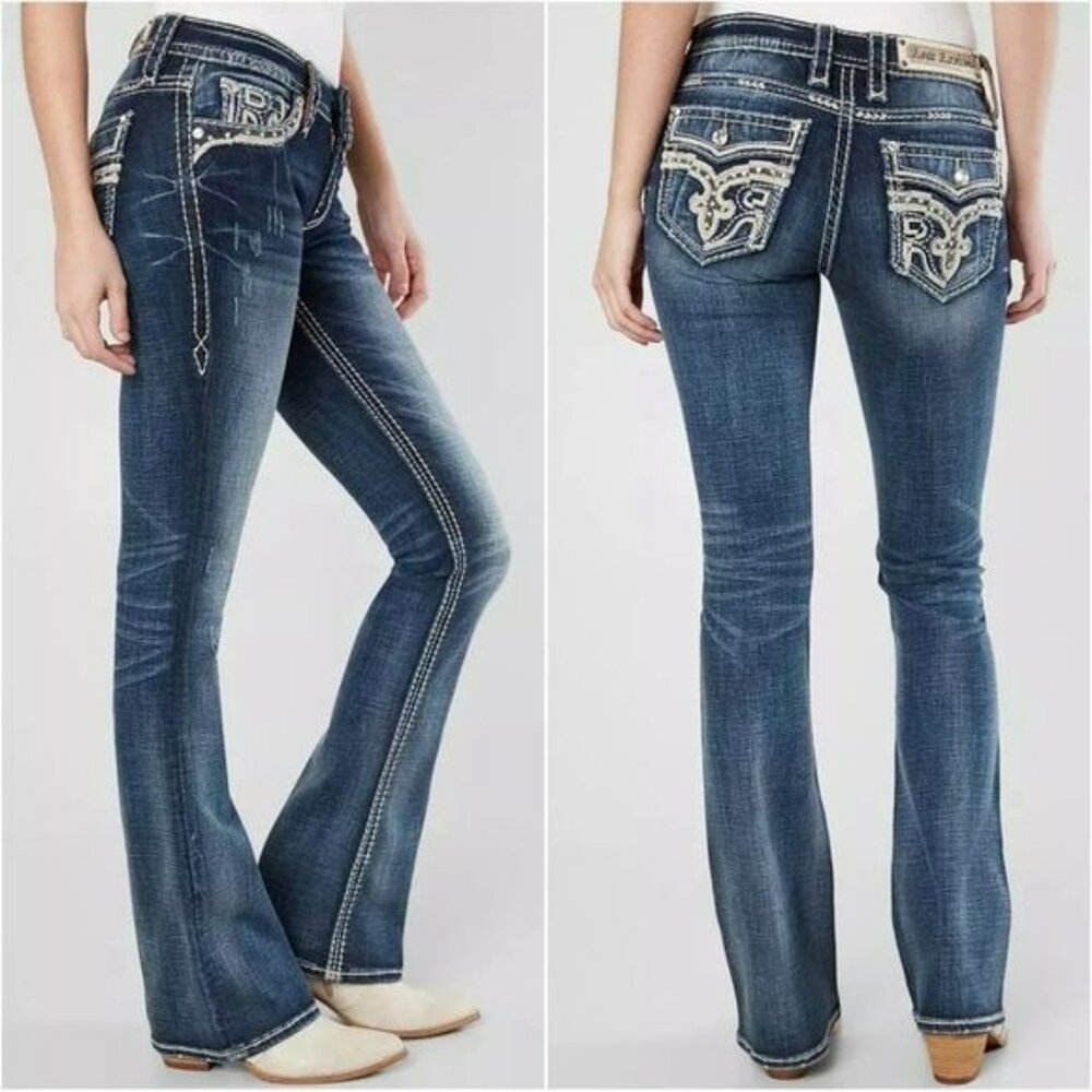Rock Revival Barby Bootcut Jeans Size 28 Orange Embroidery & Fleur-De-Lis Button